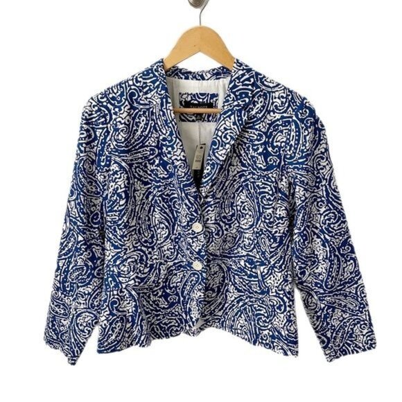NEW Talbots Blue White Batik Print Cotton Blazer Size 12 P - Picture 1 of 7